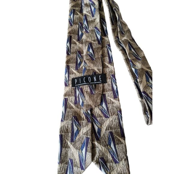 Pinecone Brown Tan Silver Blue & Purple Abstract Pattern 100% Silk Tie Len:59.5" - Picture 4 of 7